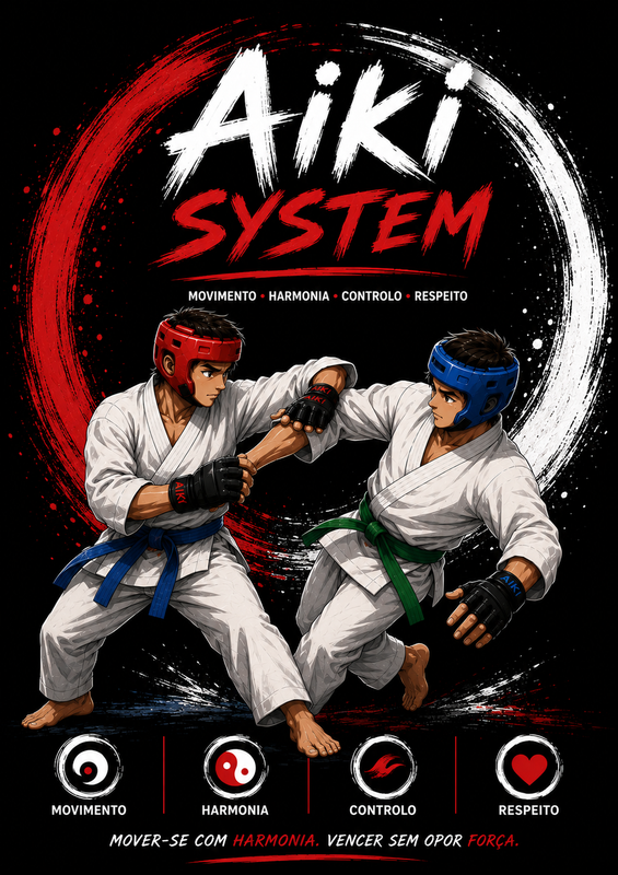 Ilustração Aiki System: dois praticantes com capacetes vermelho e azul, em interação marcial